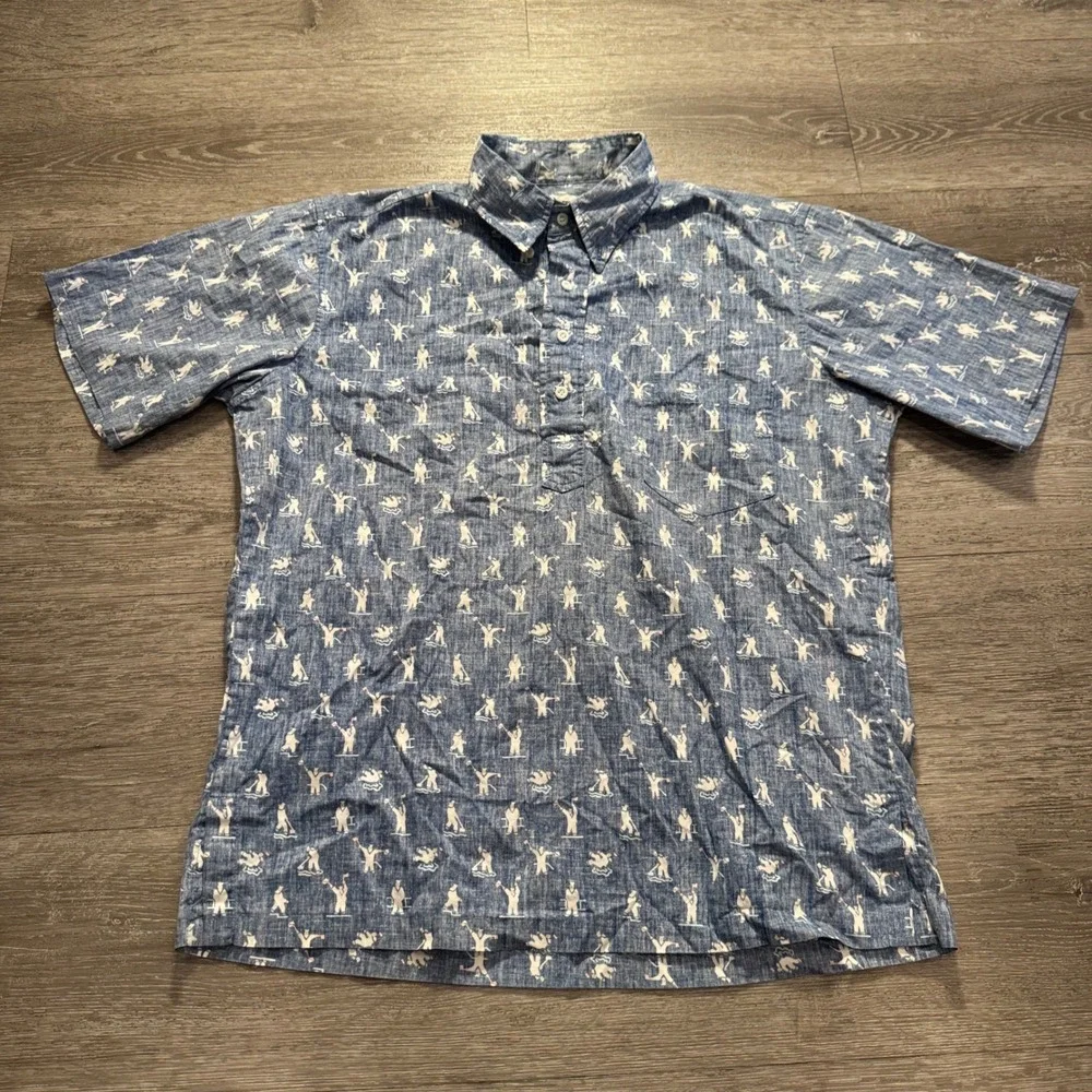 Reyn Spooner Shirt Men M Blue Sailor Reverse Print Cotton Aloha Popover Hawaiian